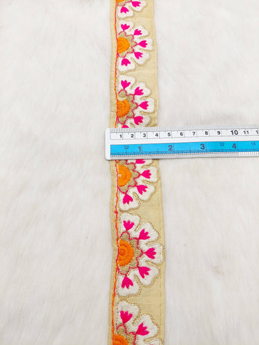 Beige Art Silk Lace Trim in Floral Embroidery, Decorative Trim, Trim By 3 Yards